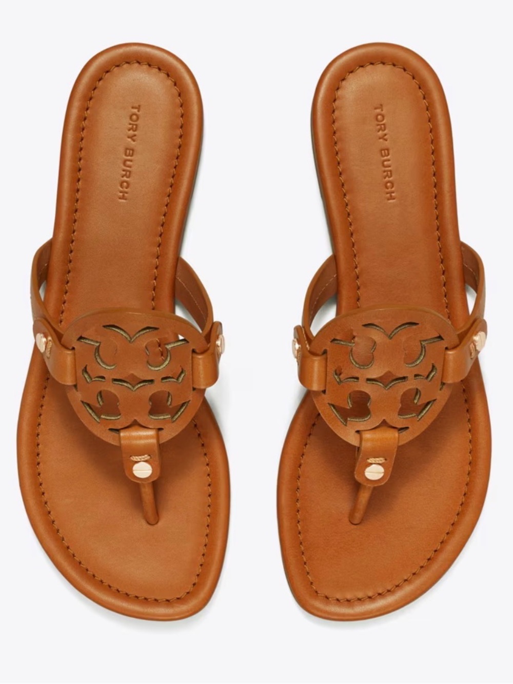 Tory Burch Cognac Leather Logo Thong Sandals